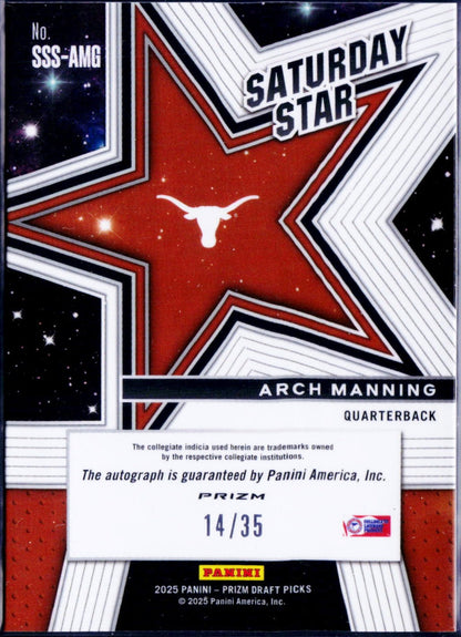 Arch Manning RC 2025 Panini Prizm Draft Orange Pulsar Saturday Star Rookie Auto SP 14/35