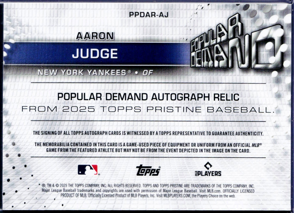 Aaron Judge 2025 Topps Pristine Popular Demand Game Used Patch Auto SP 12/30