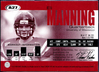 Eli Manning RC 2004 Sage Gold Rookie Auto SP 62/100