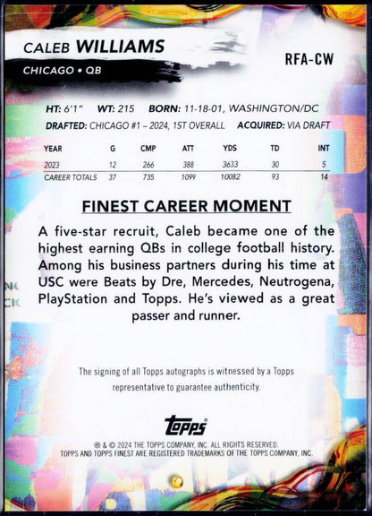 Caleb Williams RC 2024 Topps Finest Rookie Auto