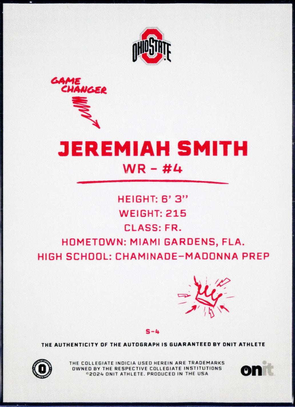 Jeremiah Smith RC 2024 Onit Ohio State Signature Series Rookie Auto SP 46/160