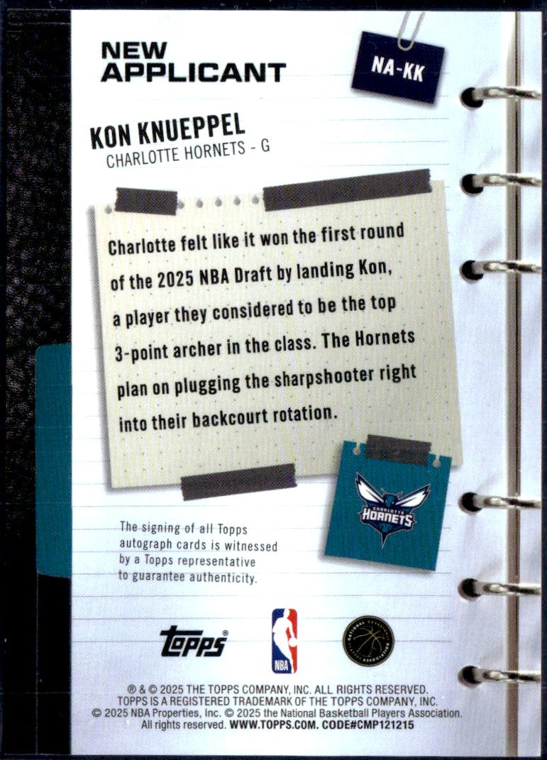 Kon Knueppel RC 2025-26 Topps New Applicant Rookie Auto