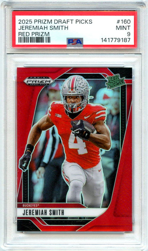Jeremiah Smith RC 2025 Panini Prizm Draft Red Rated Prospect Rookie SP 297/399 PSA 9