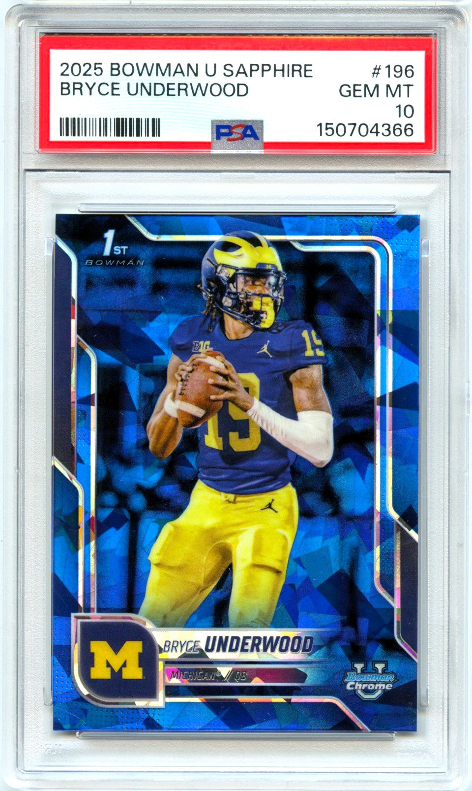 Bryce Underwood RC 2025 Bowman U Chrome Sapphire Rookie #196 PSA 10