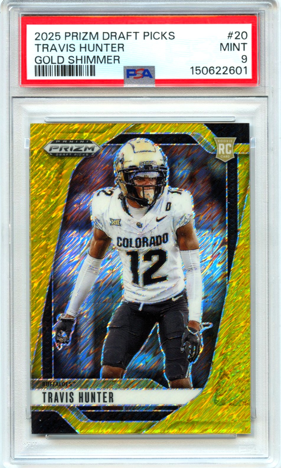 Travis Hunter RC 2025 Panini Prizm Draft Gold Shimmer Rookie SP 7/15 PSA 9