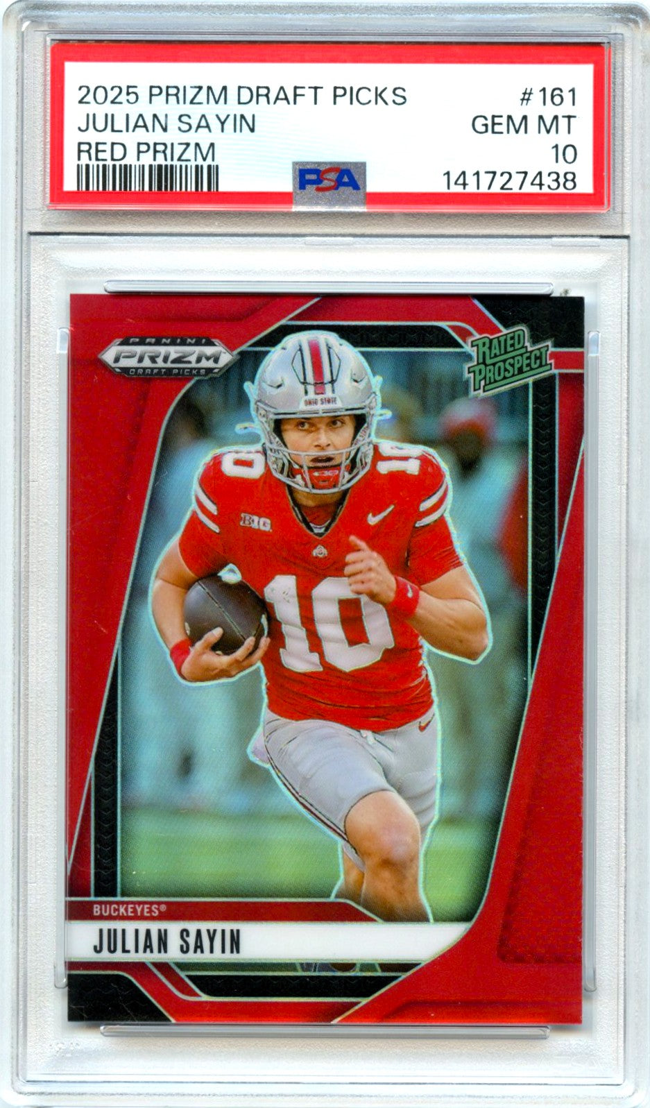 Julian Sayin RC 2025 Panini Prizm Draft Red Rated Prospect Rookie SP 157/399 PSA 10
