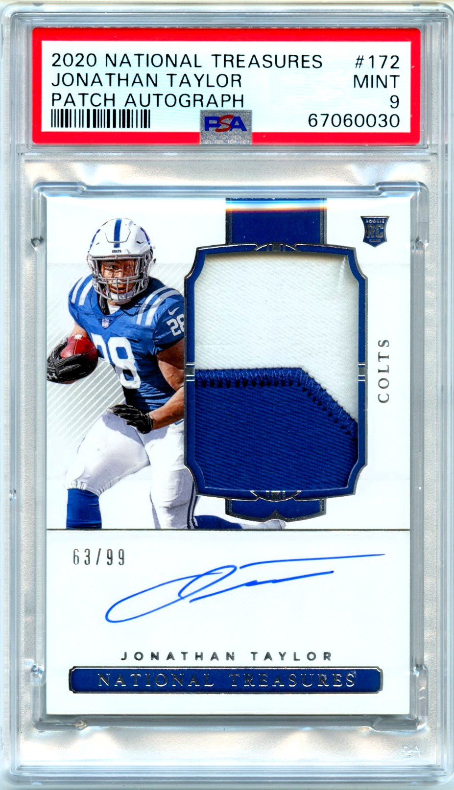 Jonathan Taylor RC 2020 National Treasures Rookie Patch Auto SP 63/99 PSA 9