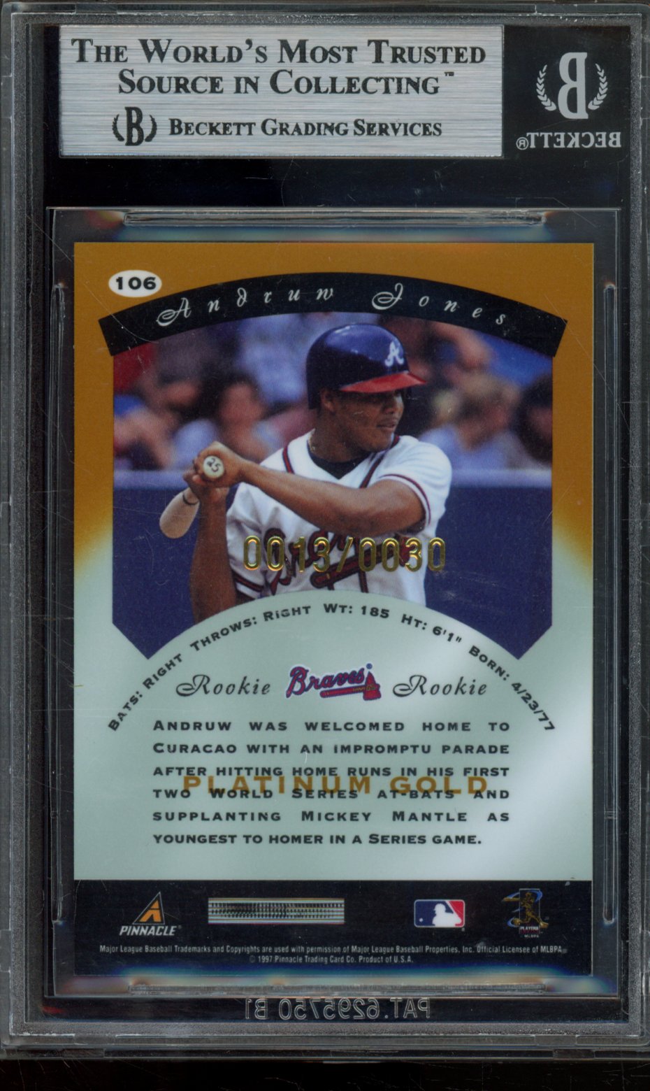 ANDRUW JONES 1997 PINNACLE TOTALLY CERTIFIED PLATINUM GOLD BGS 9