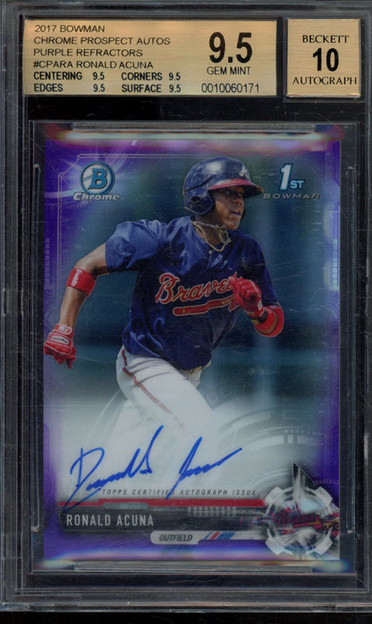RONALD ACUNA 2017 BOWMAN CHROME PROSPECT AUTOGRAPHS PURPLE REFRACTORS BGS 9.5