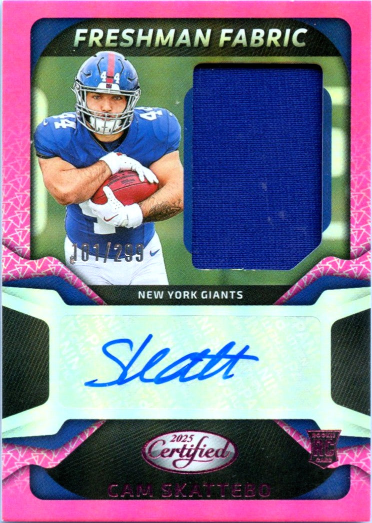 Cam Skattebo RC 2025 Panini Certified Pink Freshman Fabric Rookie Patch Auto SP 101/299
