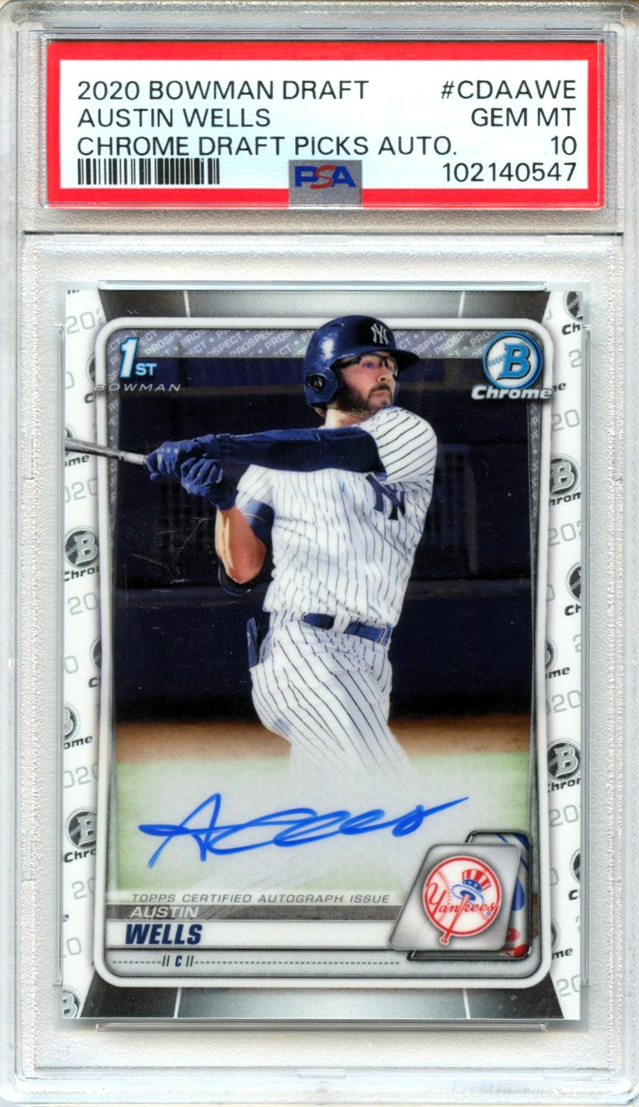 Austin Wells RC 2020 1st Bowman Chrome Prospect Rookie Auto PSA 10