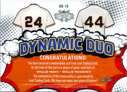 Willie Mays Willie Mccovey 2024 Leaf Lumber Dynamic Duo Game Used Bat Piece SP 1/1