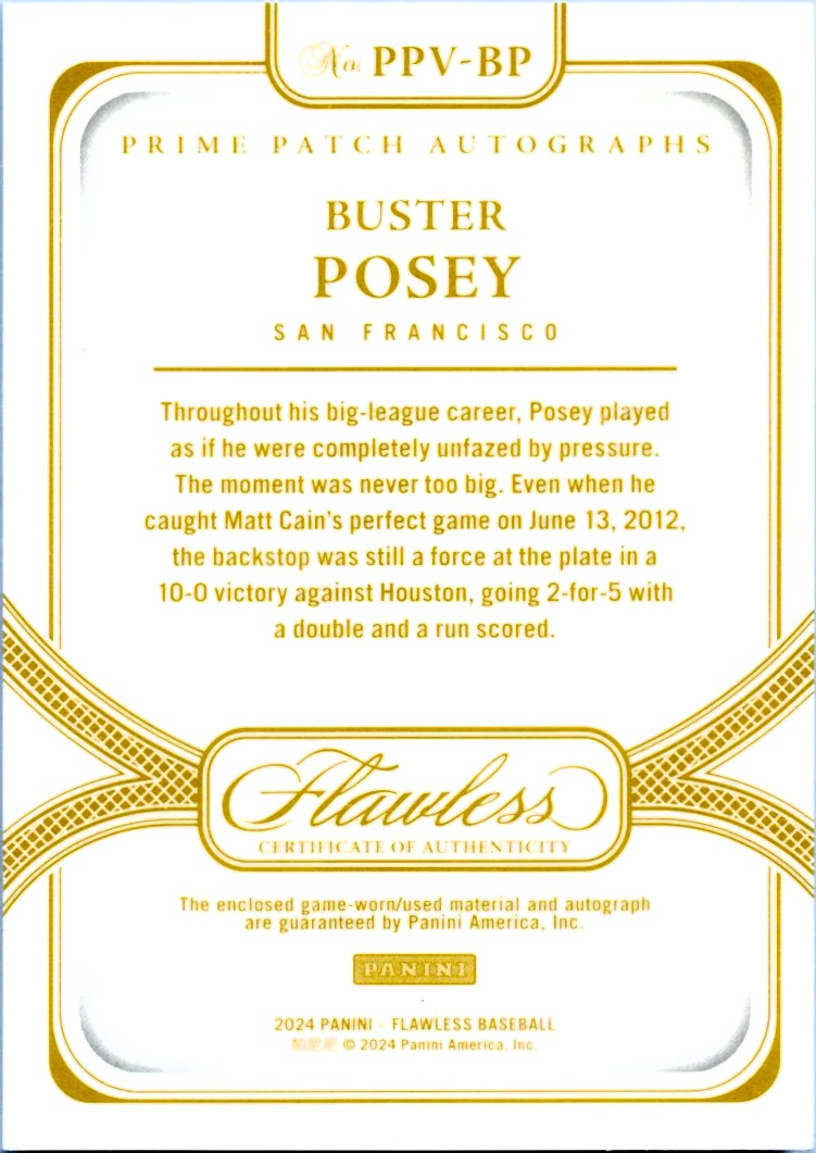 Buster Posey 2024 Flawless Holo Gold Game Used Patch Auto SP 4/10