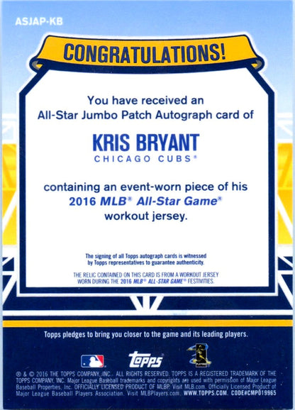 Kris Bryant 2016 Topps All Star Game Event Used Patch Auto SP 6/6