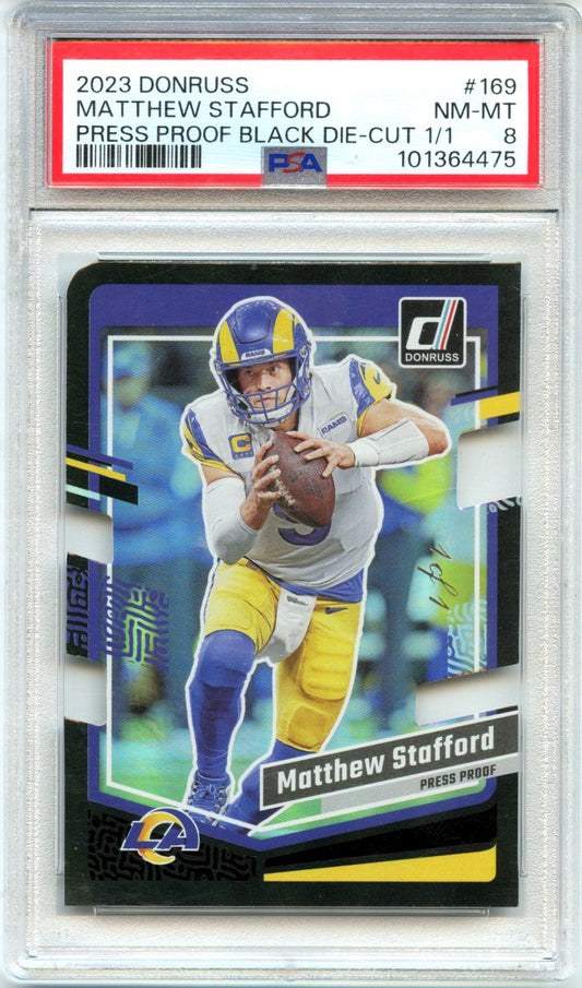 Matthew Stafford 2023 Donruss Black Die Cut Press Proof SP 1/1 PSA 8