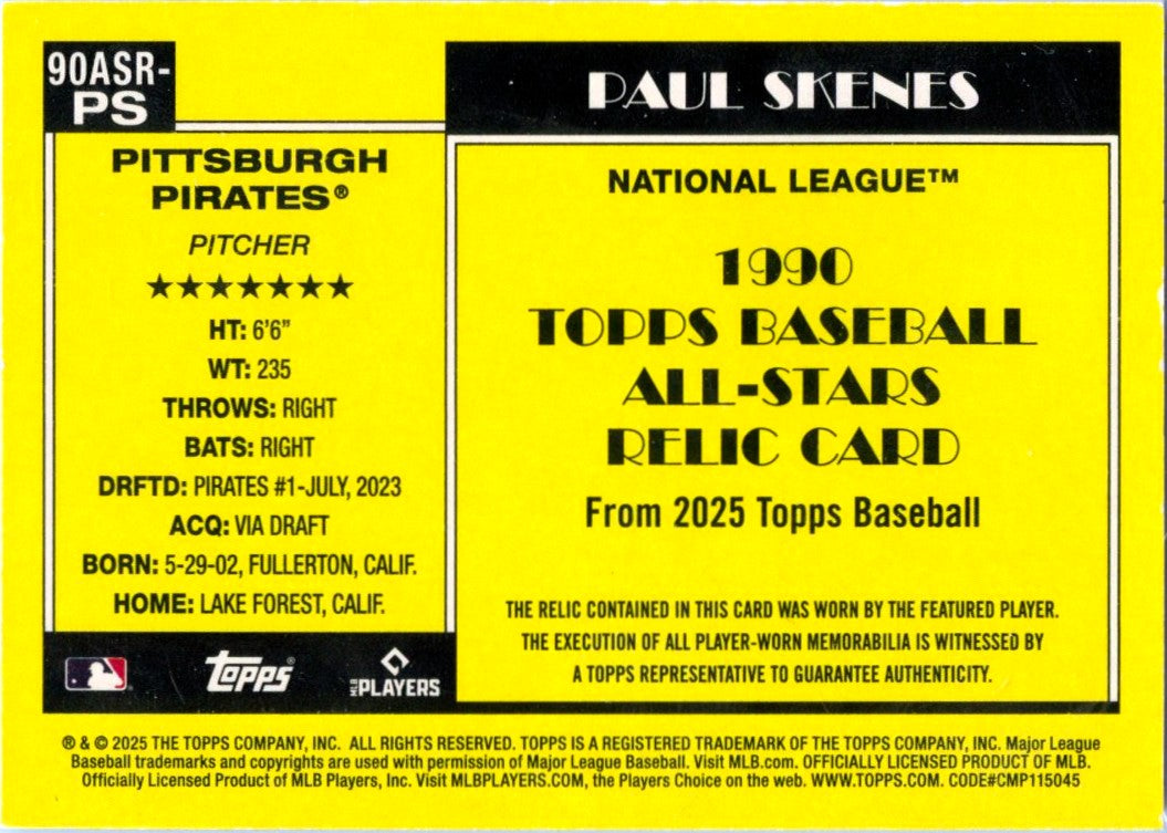 Paul Skenes 2025 Topps All Star 1990 Throwback Red Patch SP 2/5