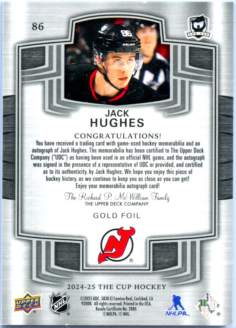 Jack Hughes 2024-25 Upper Deck The Cup Game Used Patch Auto SP 4/8