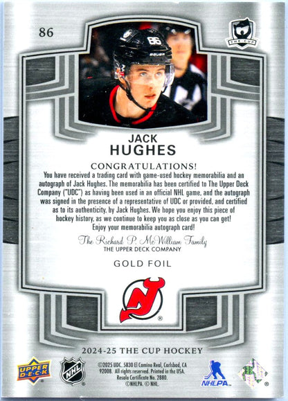 Jack Hughes 2024-25 Upper Deck The Cup Game Used Patch Auto SP 4/8