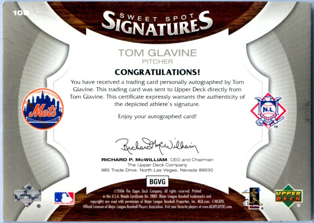 Tom Glavine 2006 Upper Deck Sweet Spot Bat Piece Auto SP 3/5