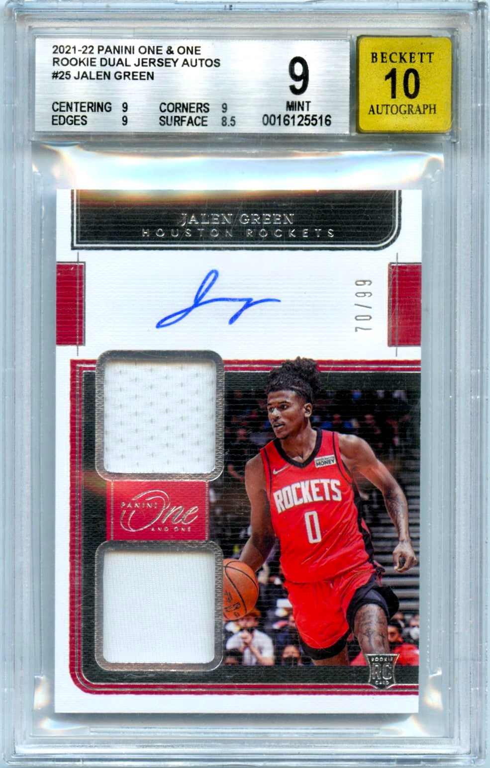 Jalen Green RC 2021-22 Panini One And One Dual Rookie Patch Auto SP 70/99 BGS 9