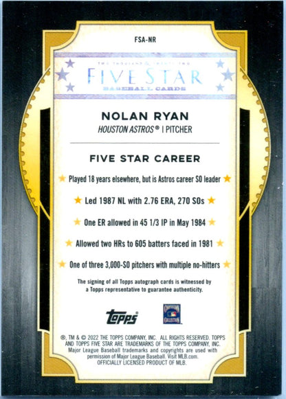 Nolan Ryan 2022 Topps Five Star Purple Auto SP 41/50