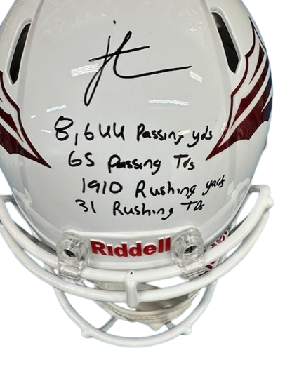 Jordan Travis Autographed "8,644 Passing Yard, 65 Passing TD's, 1,910 Rushing Yards, 31 Rushing TD's" White FSU Authentic Football Helmet