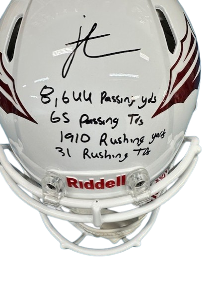 Jordan Travis Autographed "8,644 Passing Yard, 65 Passing TD's, 1,910 Rushing Yards, 31 Rushing TD's" White FSU Authentic Football Helmet